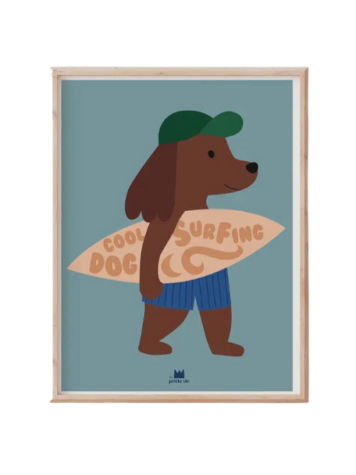 illustration d'un chien avec sa planche de surf