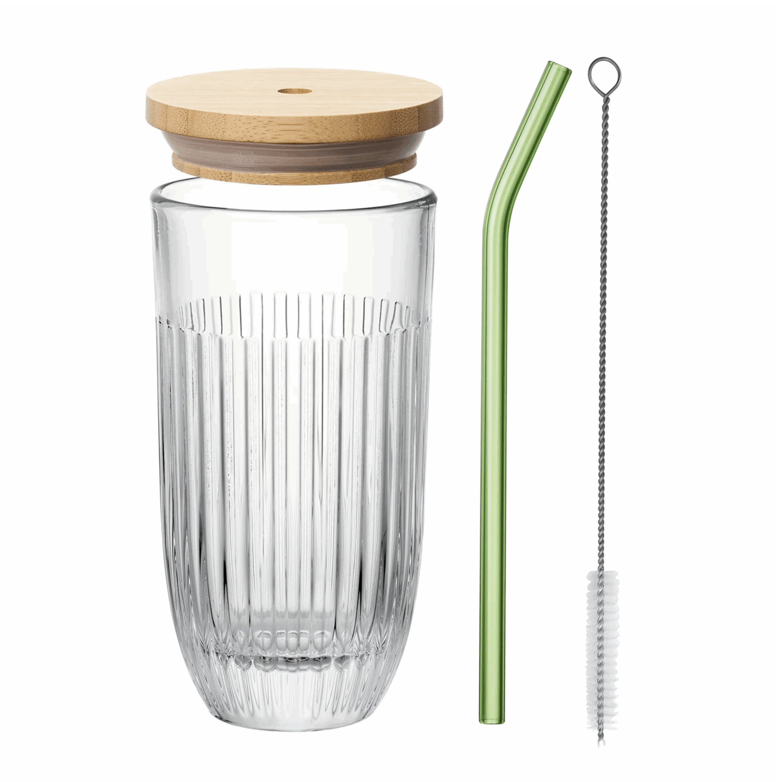 verres smoothie ouessant Coffret verre OUESSANT avec couvercle bambou, paille en verre verte et brosse.